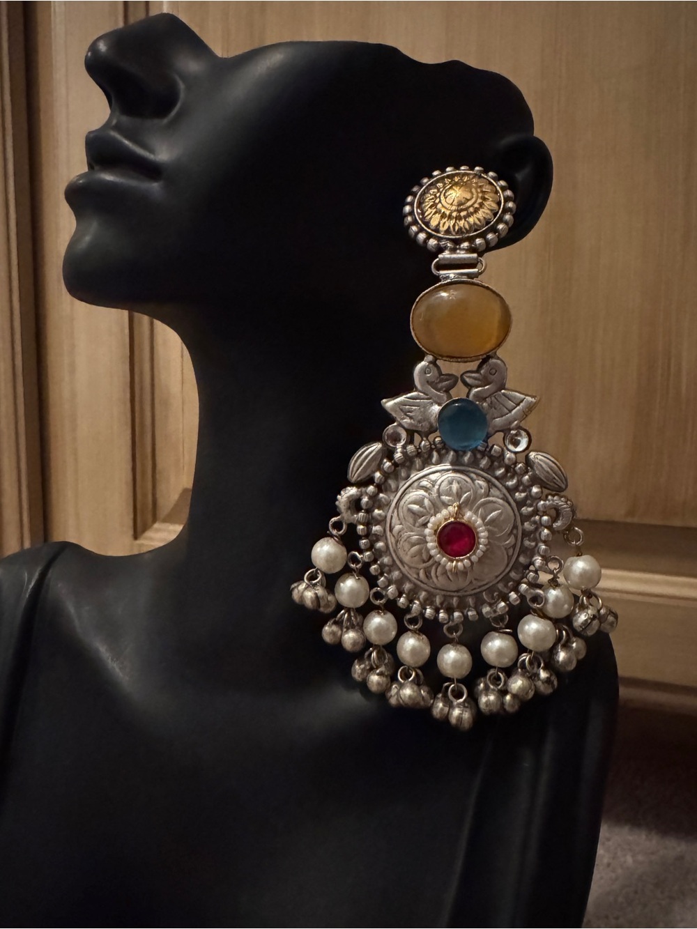 Traditional Multi-Accent Silver Chandbali Drop Earrings - Yellow, Blue, Red